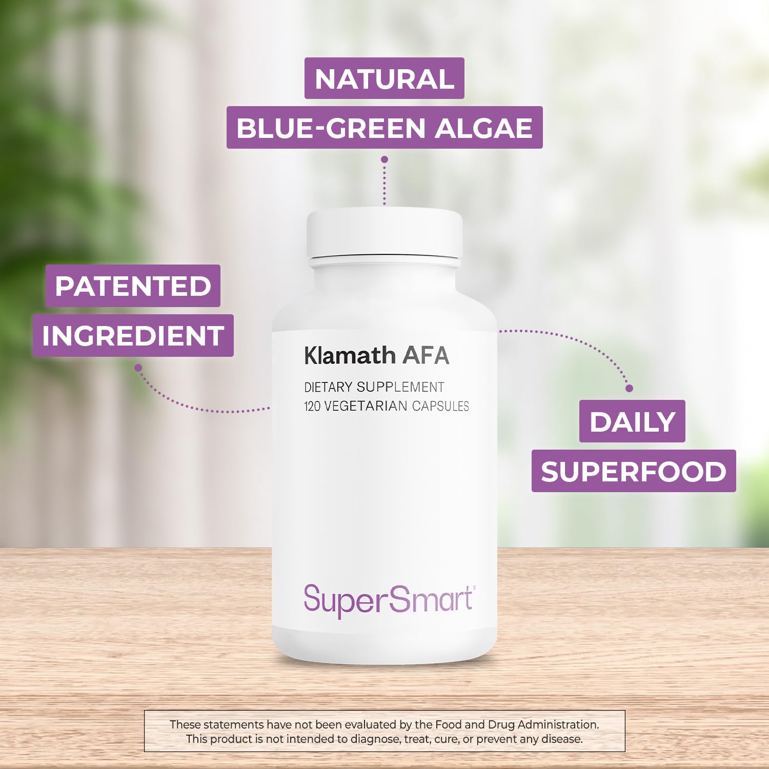 Supersmart AFA Extract close-up of bottle label highlighting vegan formula.