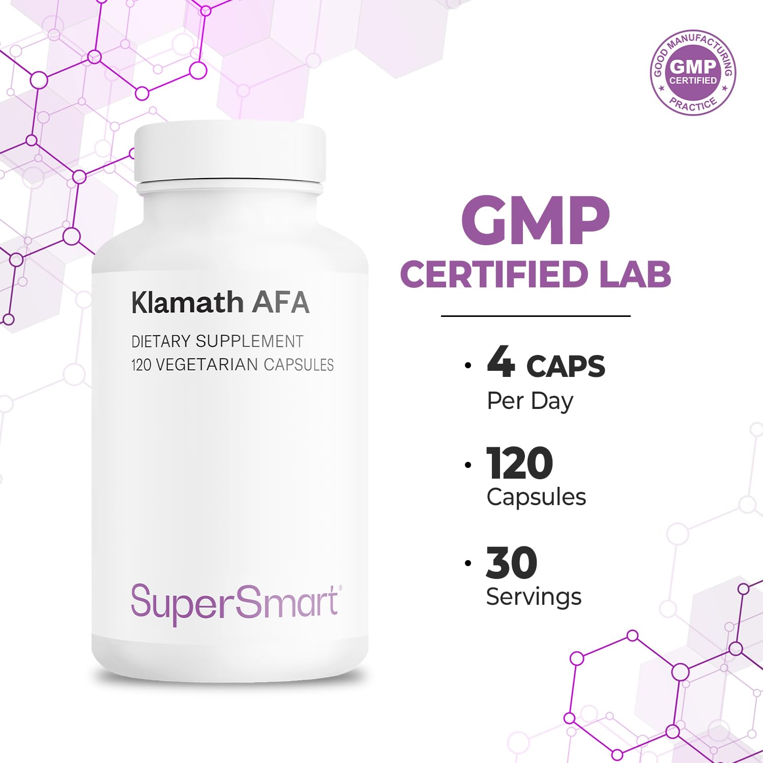 Supersmart AFA Extract packaging close-up emphasizes non-GMO and gluten-free claims.