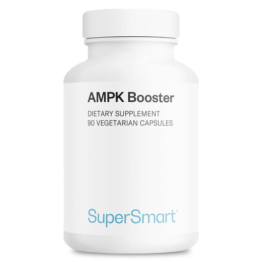 Supersmart AMPK Booster bottle shows the product label for metabolism support.