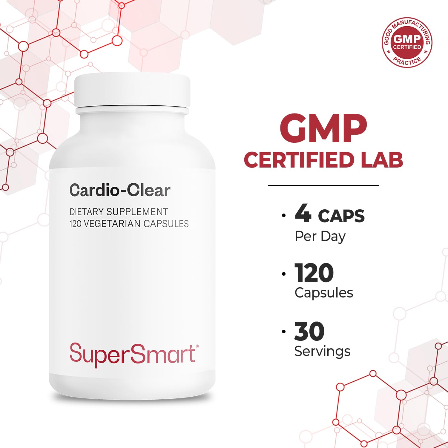 Cardio Clear capsules beside measuring spoon illustrating recommended use.