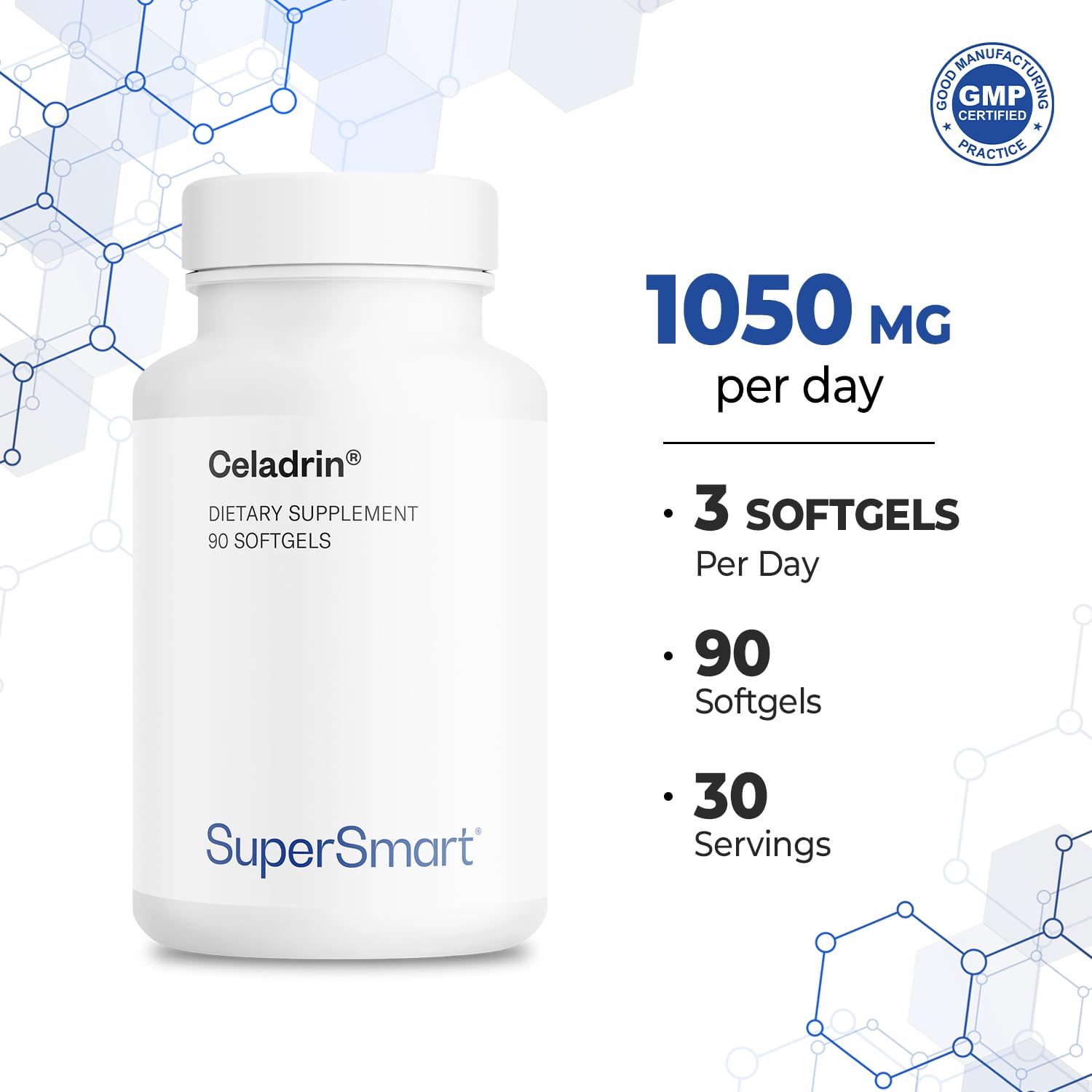 Supersmart Celadrin packaging front with daily dosage guidance.