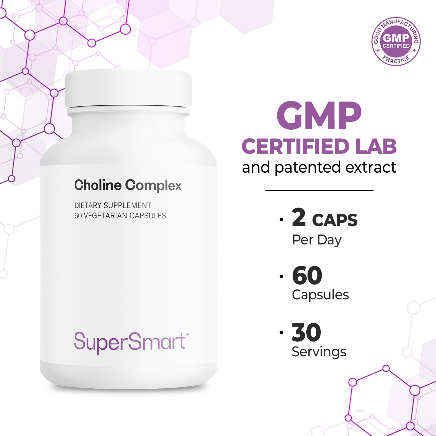 Supersmart Choline Complex box showcases vegan-friendly, non-GMO packaging and storage tips.