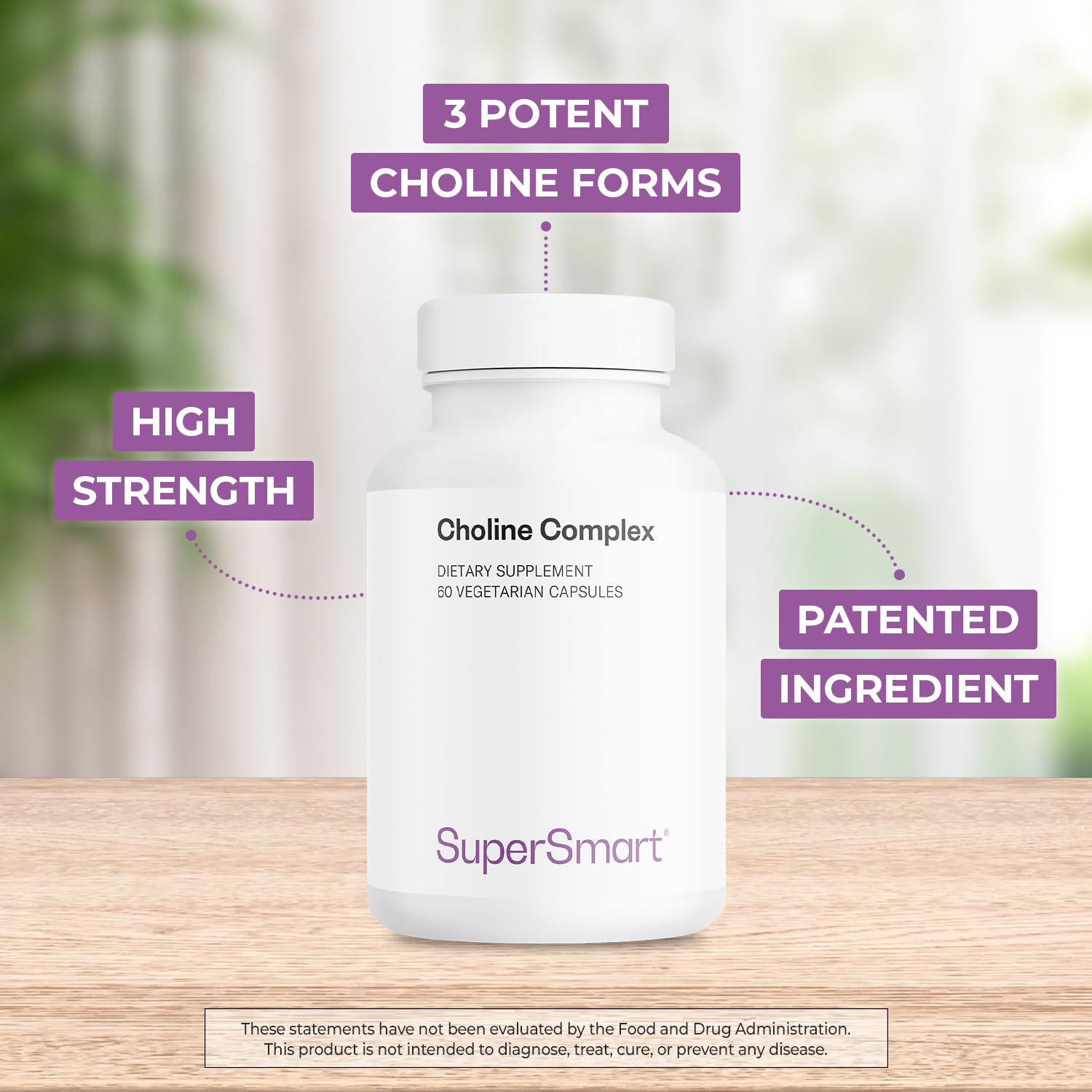 Supersmart Choline Complex label close-up highlighting patent-backed formula details.