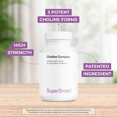 Supersmart Choline Complex label close-up highlighting patent-backed formula details.