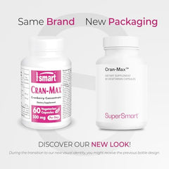 Supersmart Cran-Max capsules showing vegan-friendly, non-GMO cranberry supplement