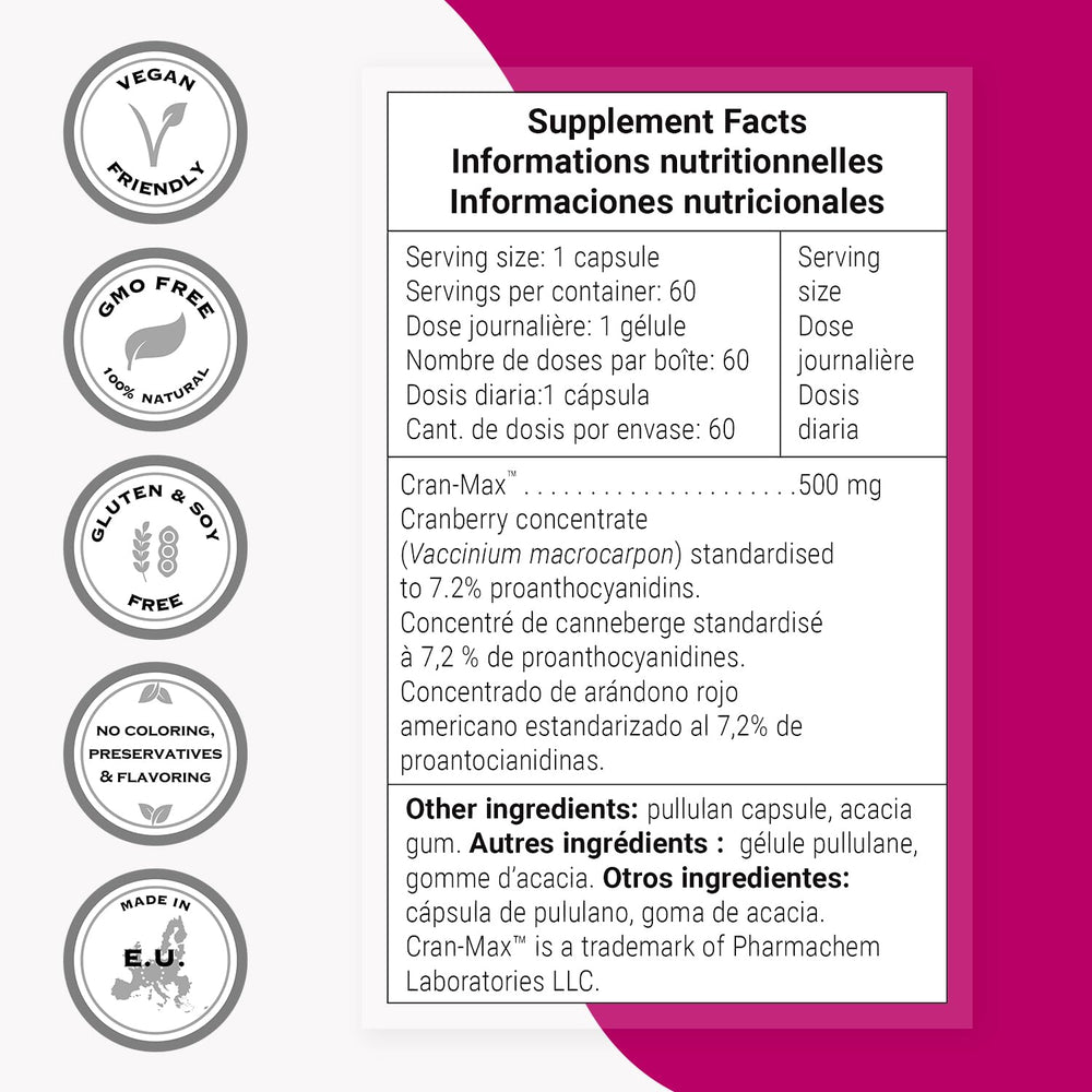 Supersmart Cran-Max label close-up highlighting 7.2% proanthocyanidins