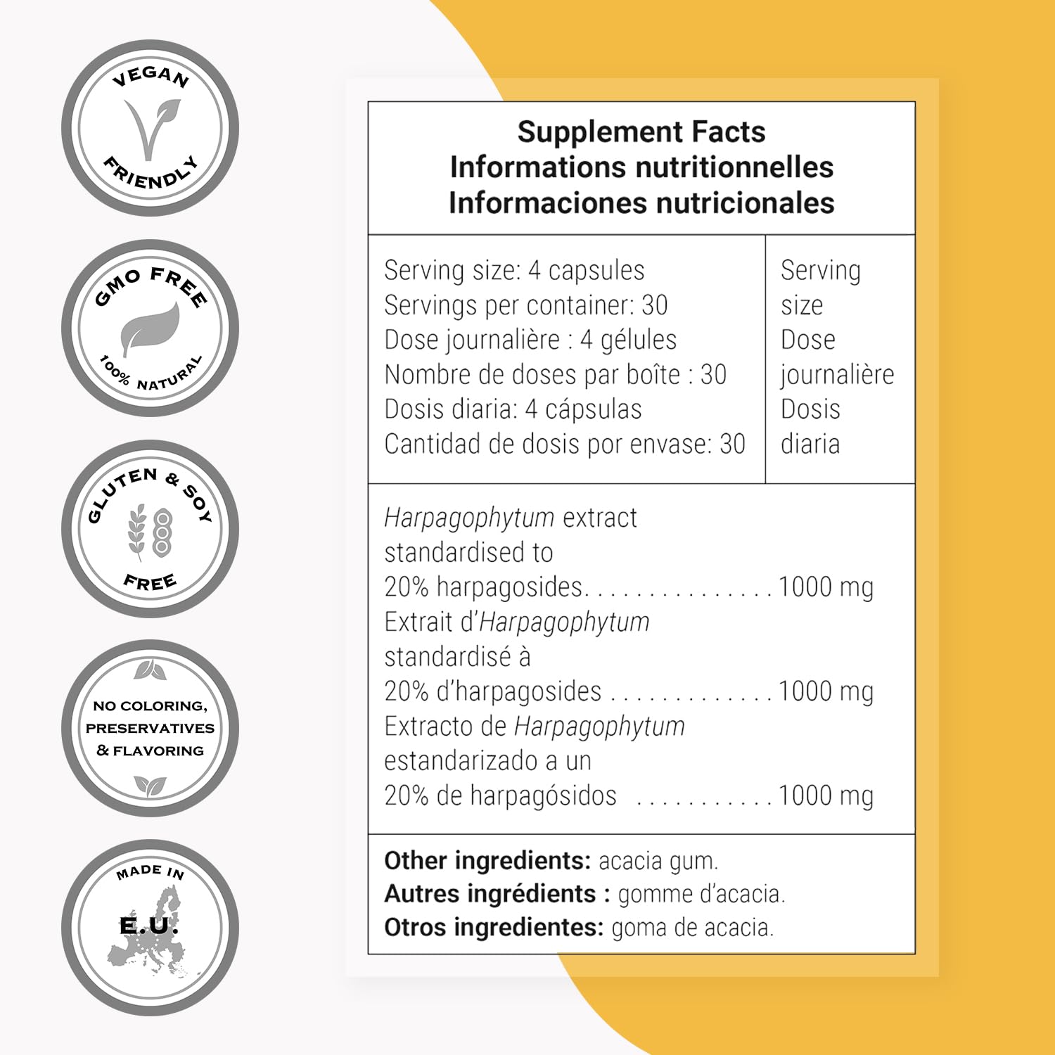 Supersmart Devil's Claw ingredients list showing non-GMO and gluten-free features.