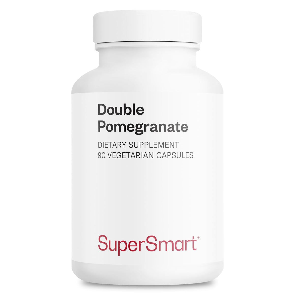 Supersmart Double Pomegranate bottle highlighting ellagic acid 90% content.
