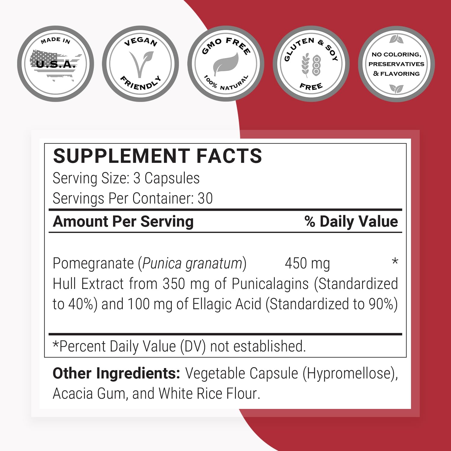 Ingredients label on Supersmart Double Pomegranate showing vegan, gluten-free formula.