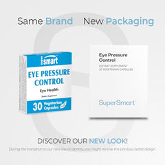 Supersmart Eye Pressure Control capsules close-up highlighting a vegetarian formula for eye health.