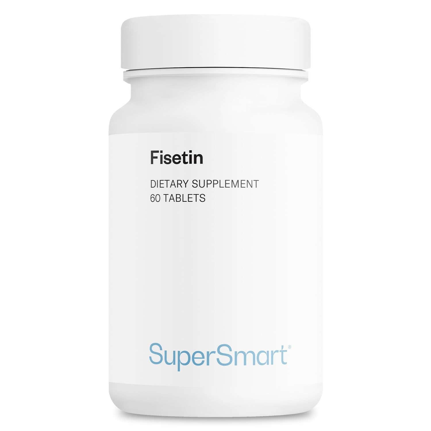 Supersmart Fisetin 500mg bottle front, high-purity supplement for daily wellness.