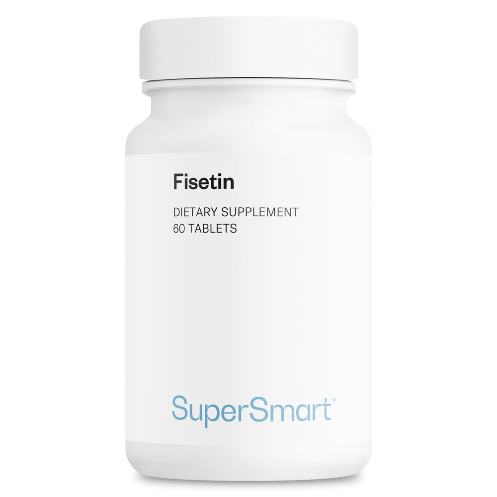 Supersmart Fisetin 500mg bottle front, high-purity supplement for daily wellness.
