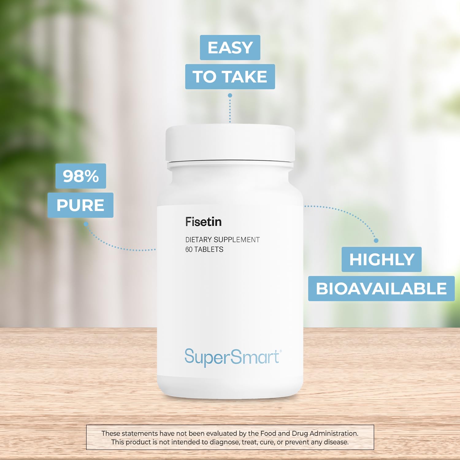 Supersmart Fisetin 98% purity label, signaling quality.
