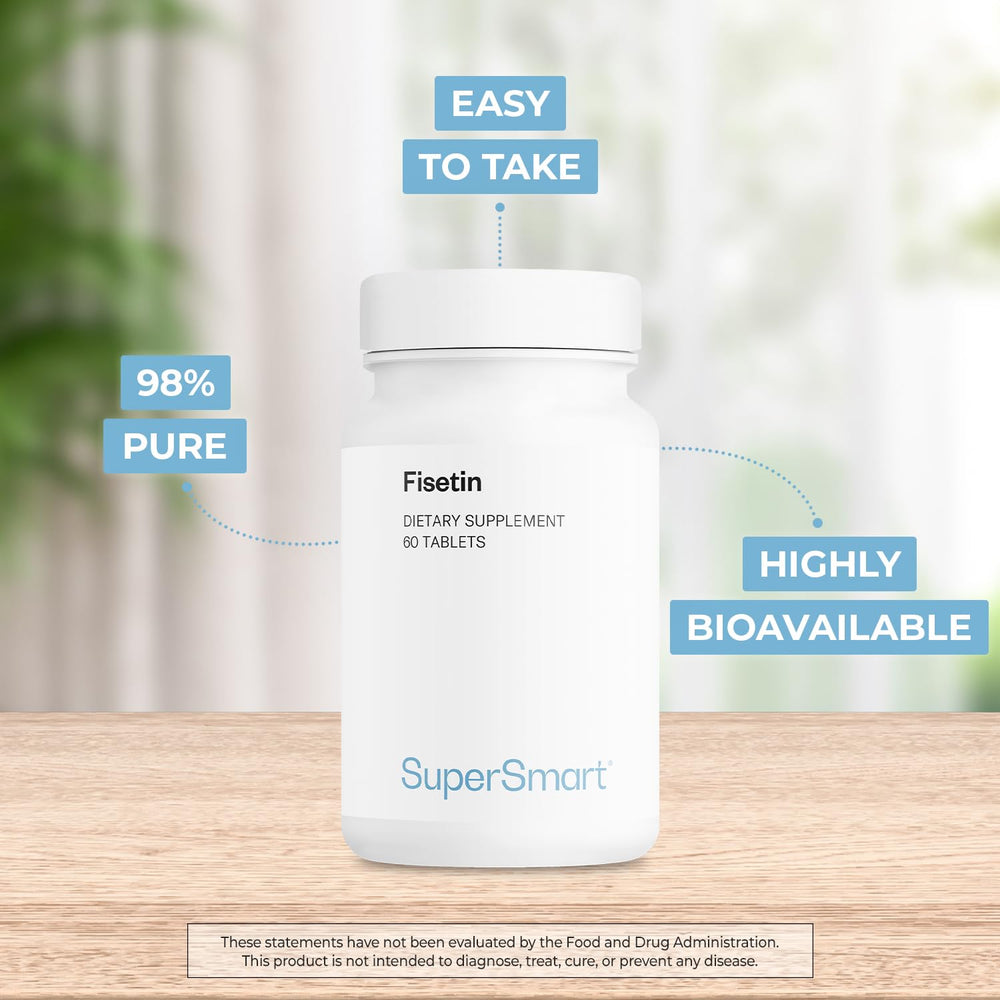 Supersmart Fisetin 98% purity label, signaling quality.