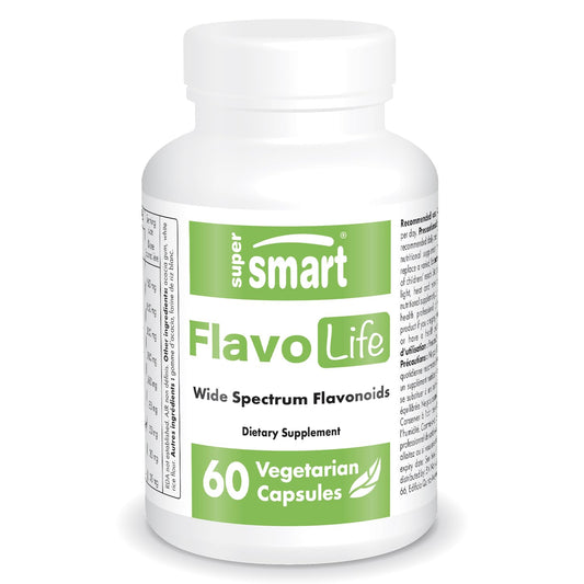 Supersmart FlavoLife bottle close-up showing the flavonoid complex for daily wellness.