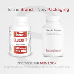 Glucofit bottle with spilled softgels suggests daily use.