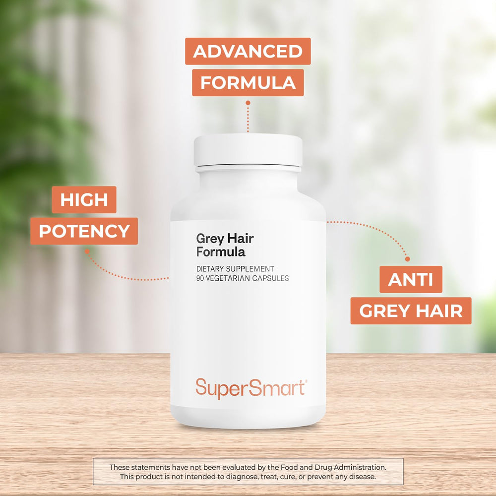 Supersmart Grey Hair Formula ingredients list featuring catalase, biotin and minerals
