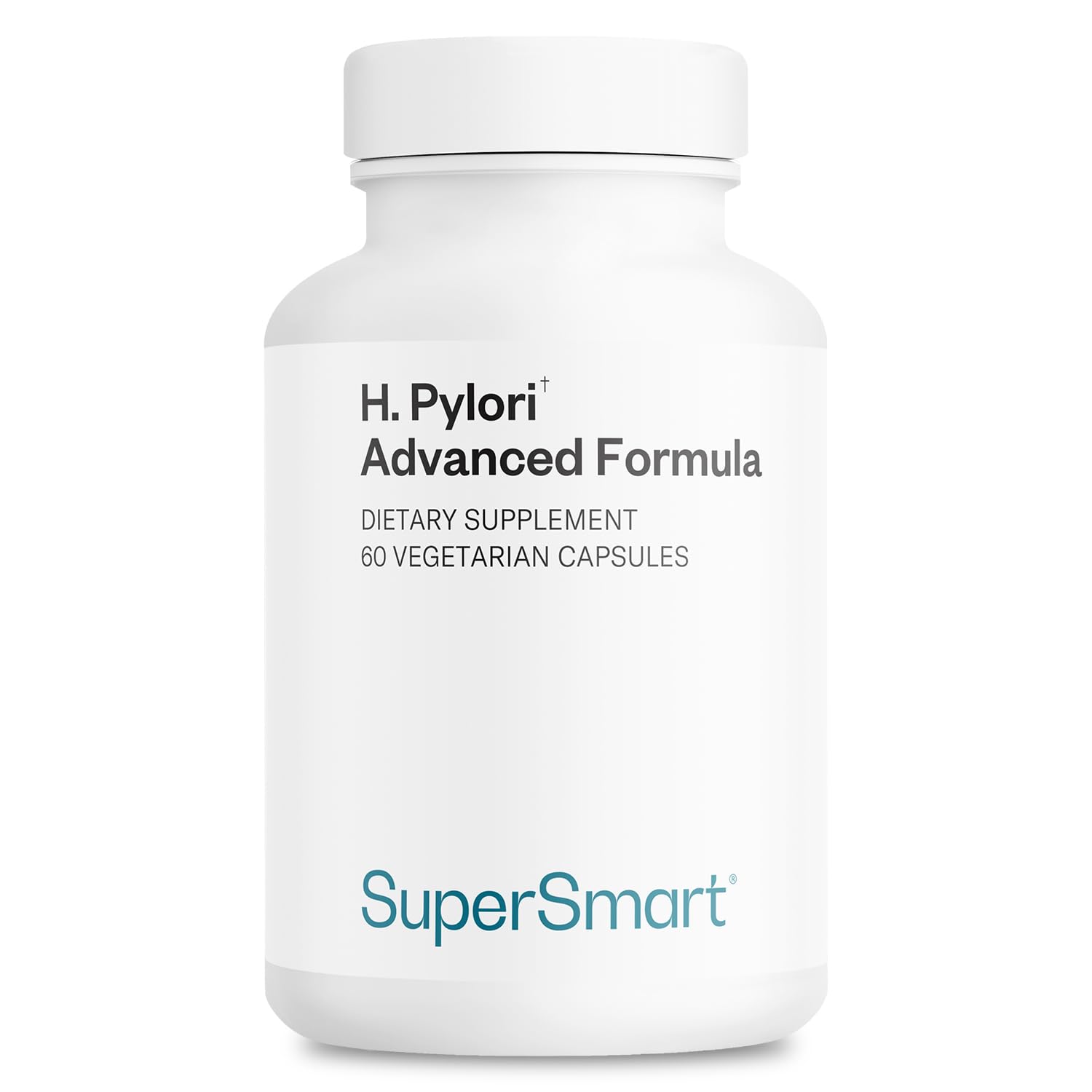 Supersmart H Pylori Advanced Formula bottle—easy dosing in vegetarian capsules