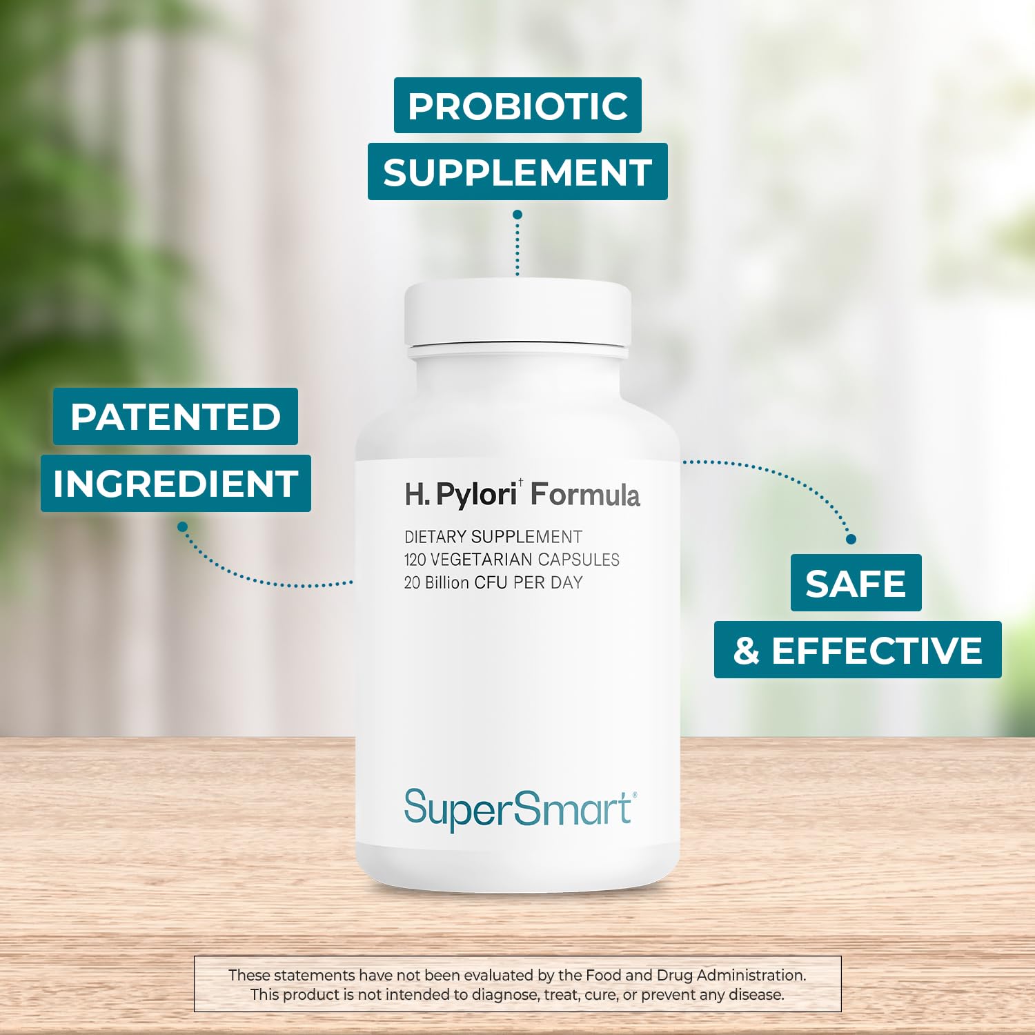 Supersmart H Pylori capsules closeup showing 20B CFU potency for daily support