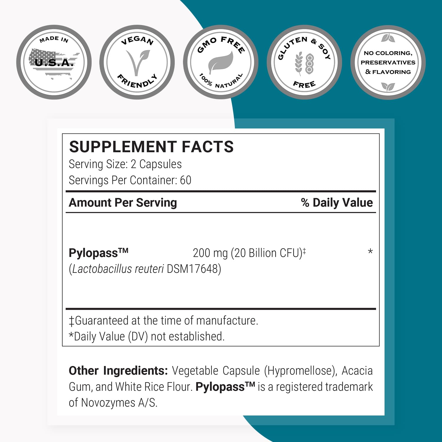 Supersmart H Pylori label detail featuring DSM17648 Pylopass probiotic