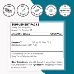 Supersmart H Pylori label detail featuring DSM17648 Pylopass probiotic