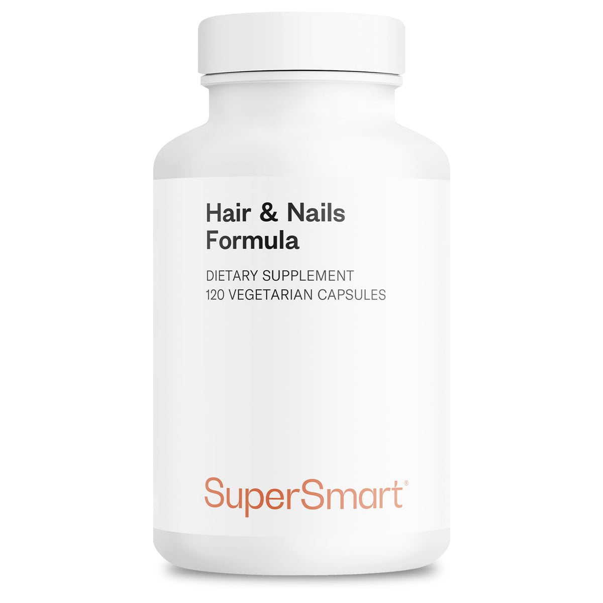 Supersmart Hair & Nails Formula bottle shows solubilized keratin capsules for hair and nail support