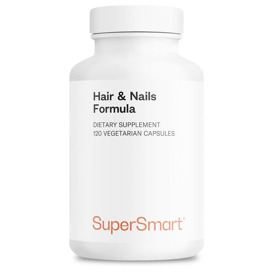 Supersmart Hair & Nails Formula bottle shows solubilized keratin capsules for hair and nail support