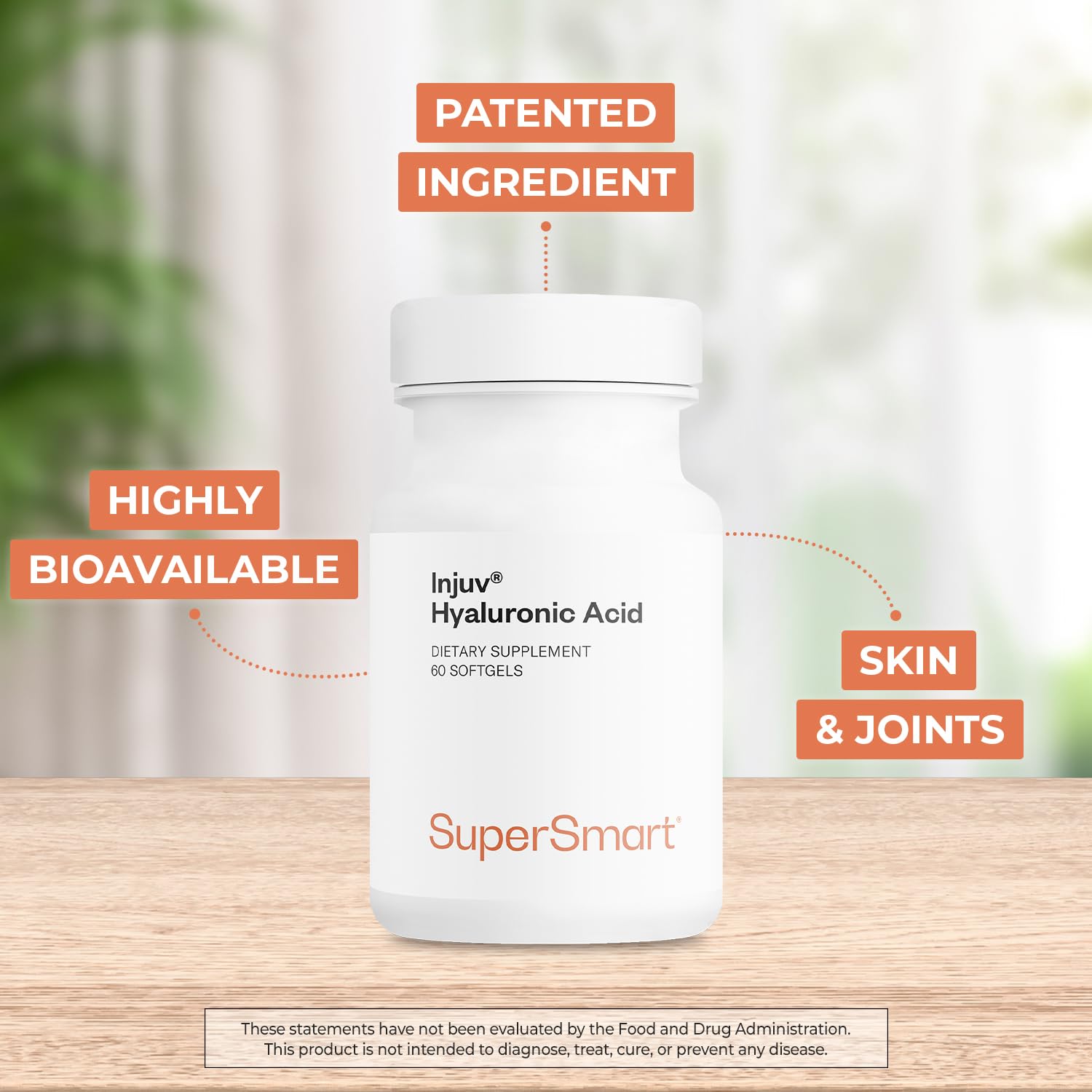 Injuv Hyaluronic Acid softgels close-up showing soft capsule texture and vegan formula