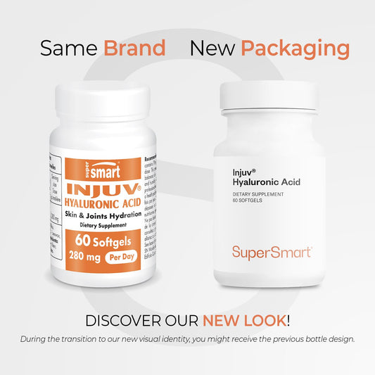 Supersmart Injuv bottle with label emphasizing Bioavailable HA for joints and skin