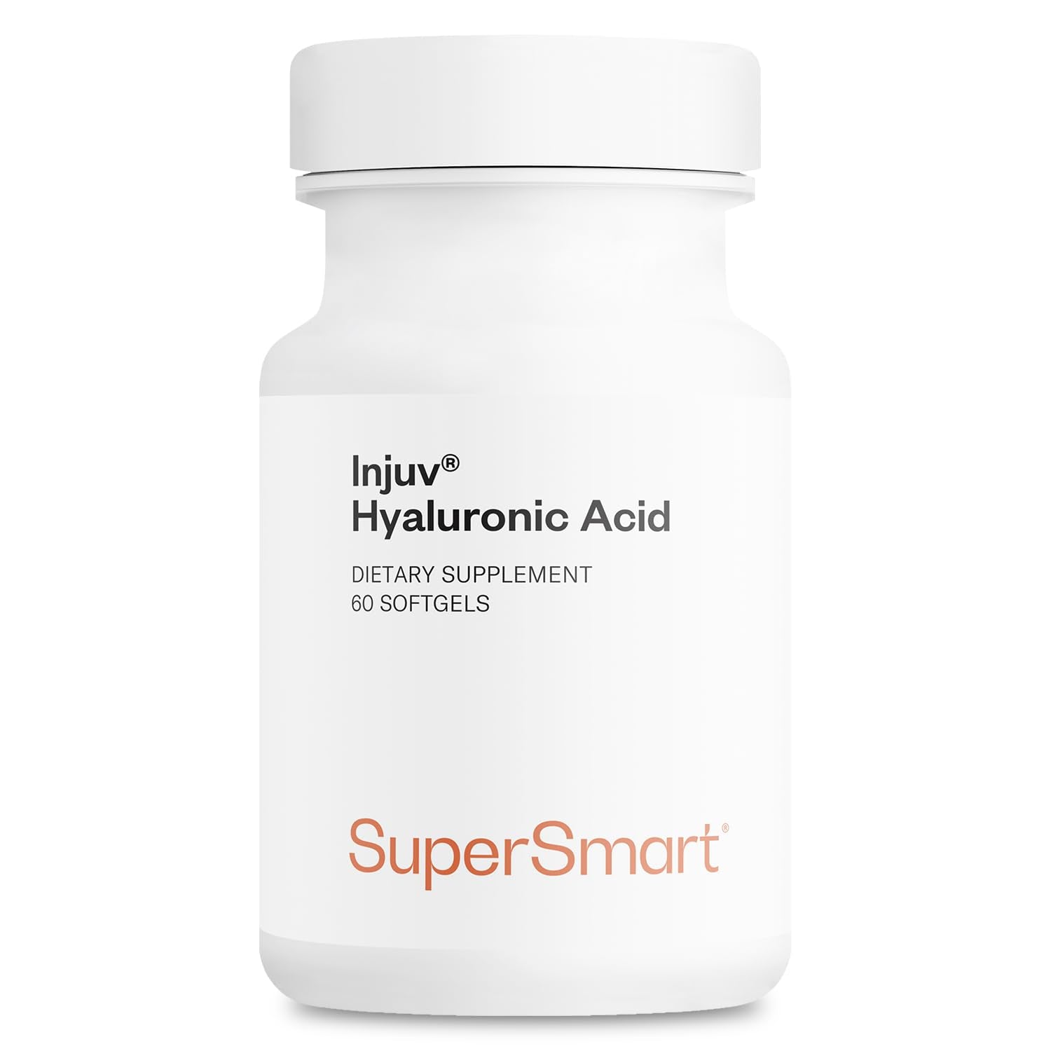 Supersmart Injuv Hyaluronic Acid softgels bottle front view highlighting patented formula for skin support