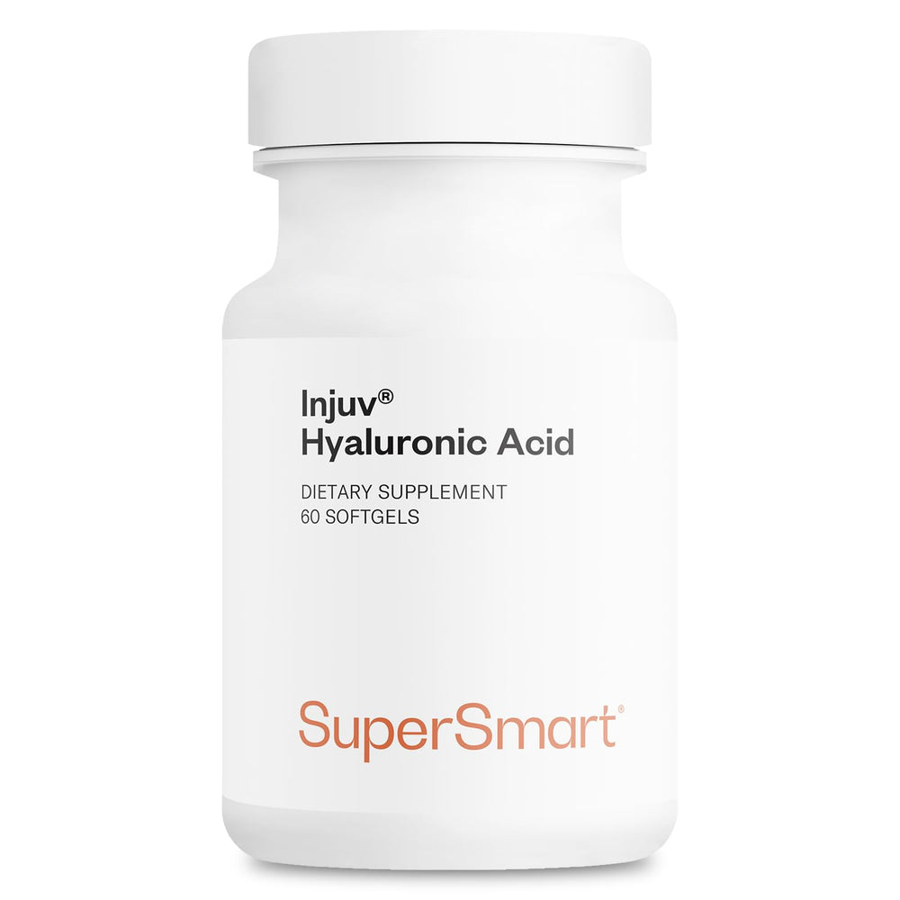 Supersmart Injuv Hyaluronic Acid softgels bottle front view highlighting patented formula for skin support