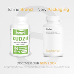 Supersmart Kudzu Extract capsules closeup shows 500 mg per serving.