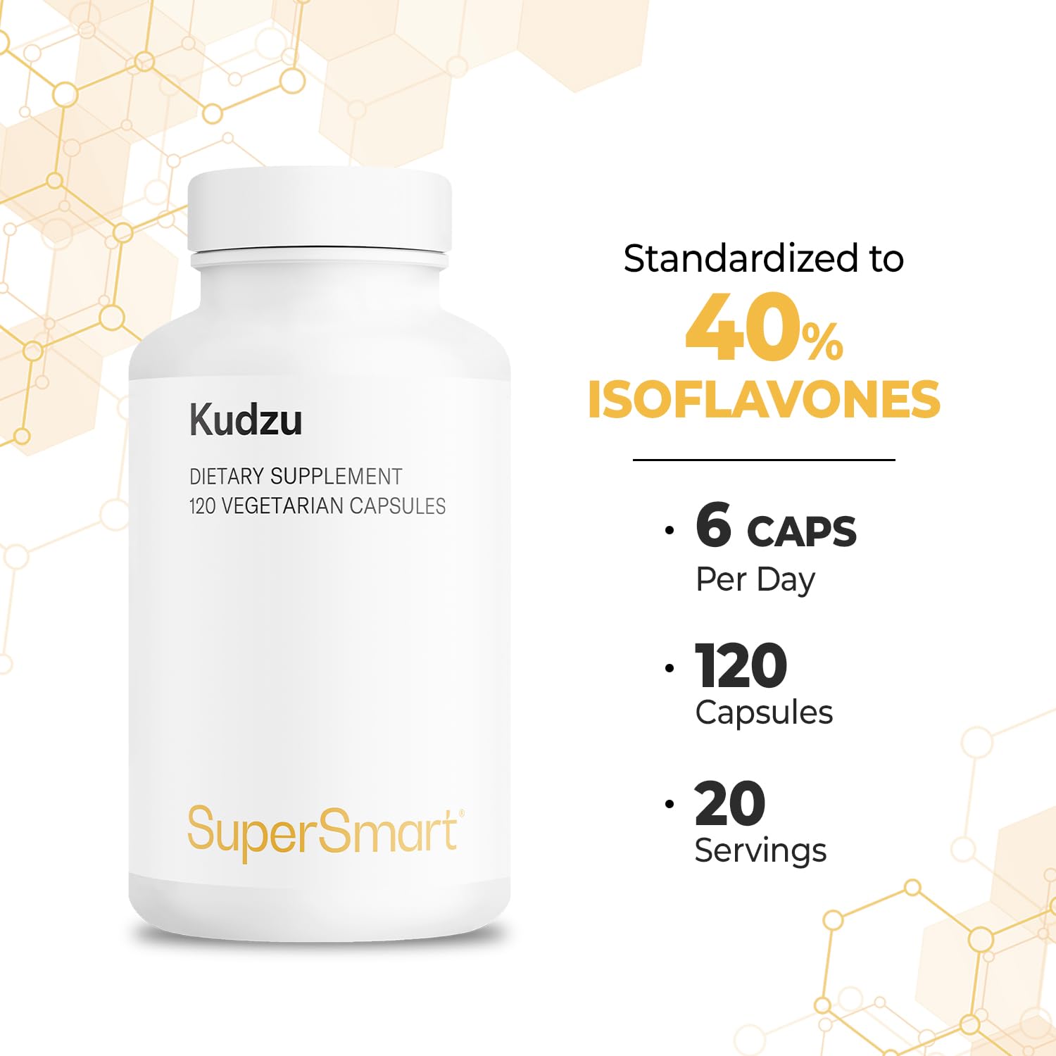 Supersmart Kudzu Extract daily-use image shows two-capsule serving.