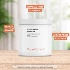 Supersmart L-Carnitine Formula scoop beside bottle shows precise daily dosing