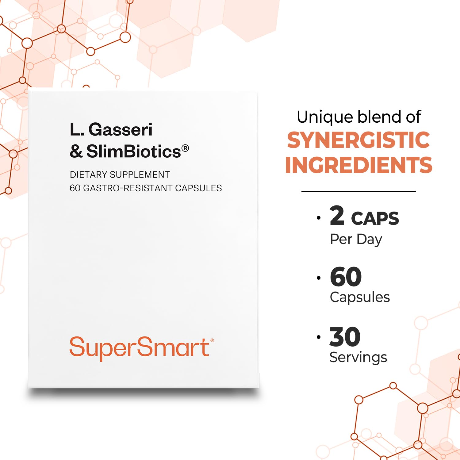 Packaging close-up of Supersmart L. Gasseri SlimBiotics emphasizing the SlimBiotics blend