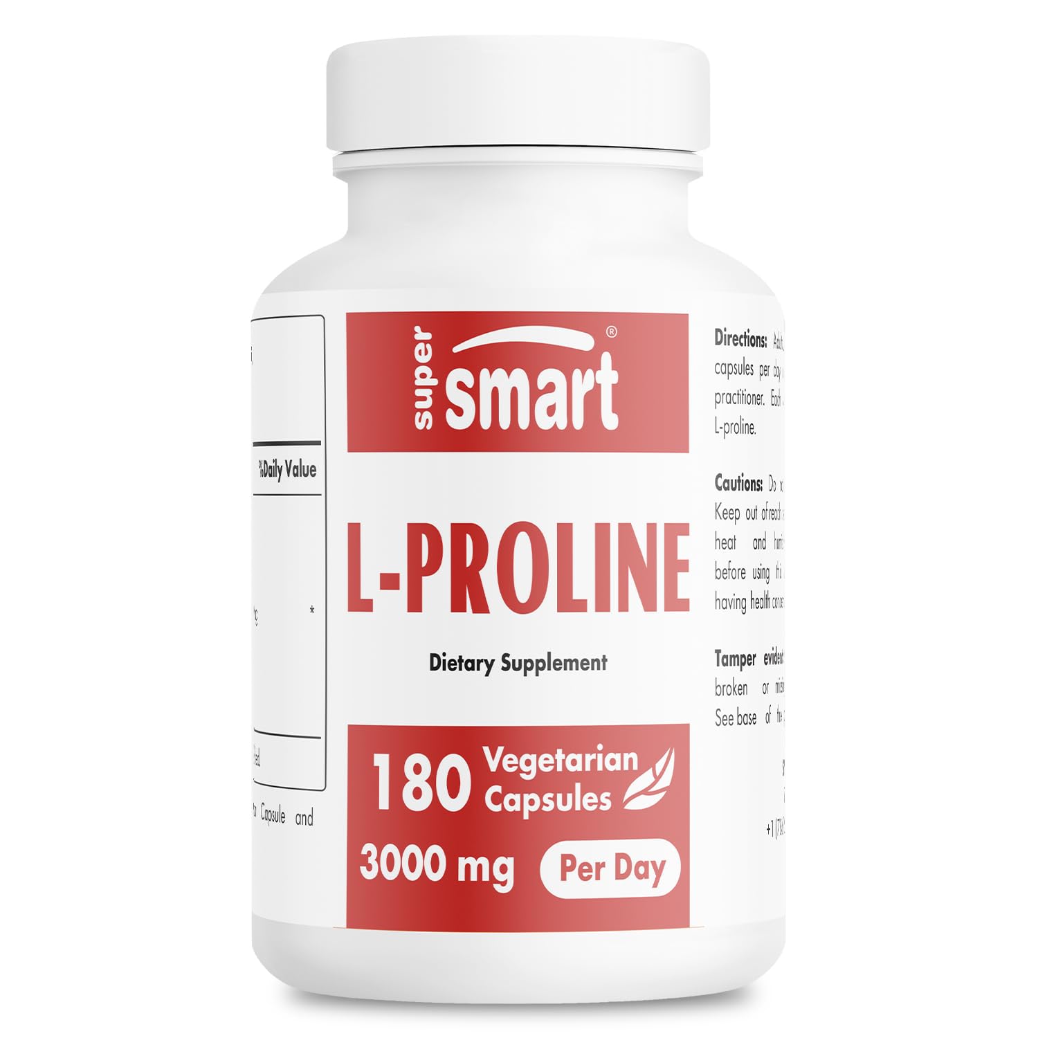 Supersmart L-Proline bottle label highlighting collagen support and product details