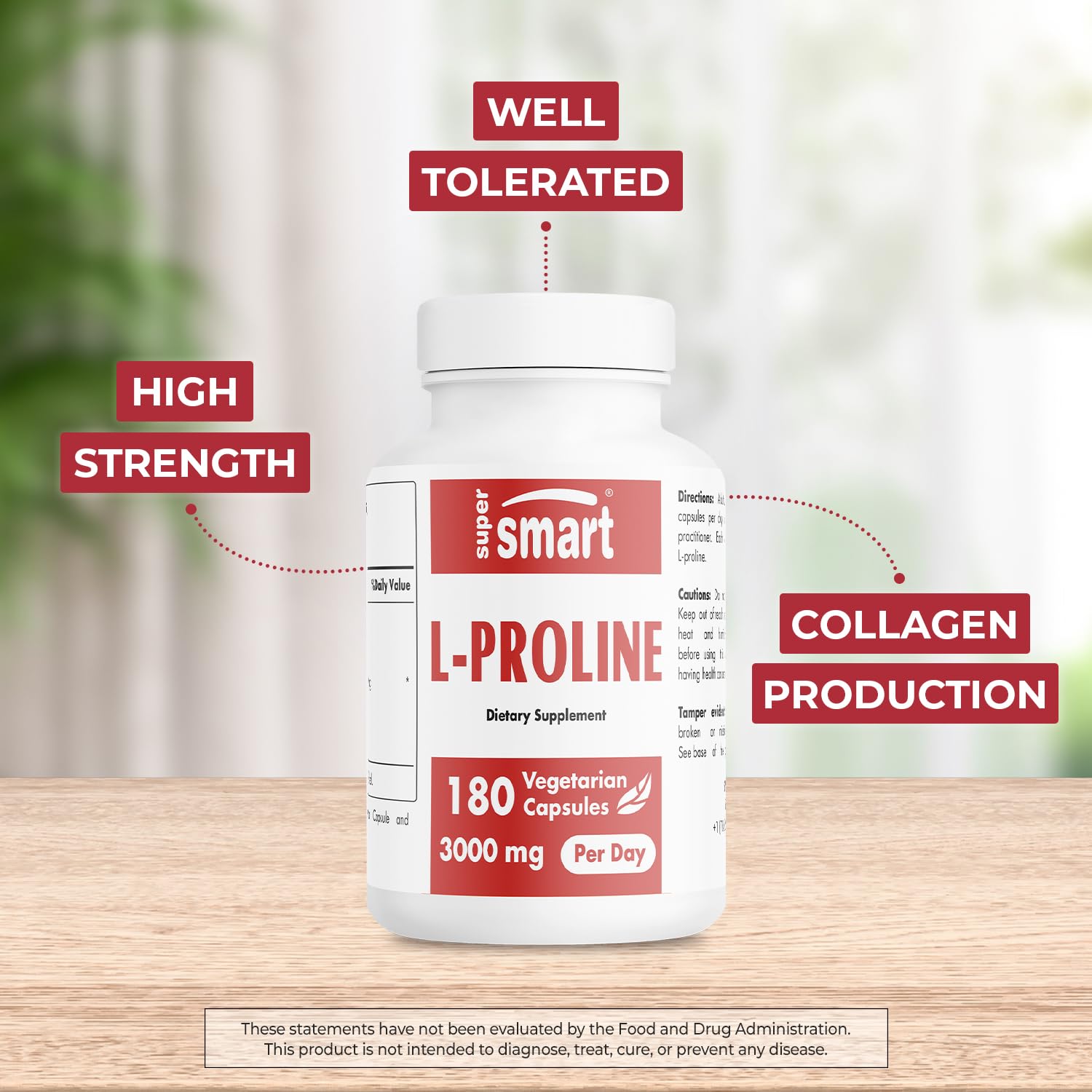Supersmart L-Proline capsules close-up showing vegetarian capsules for daily use