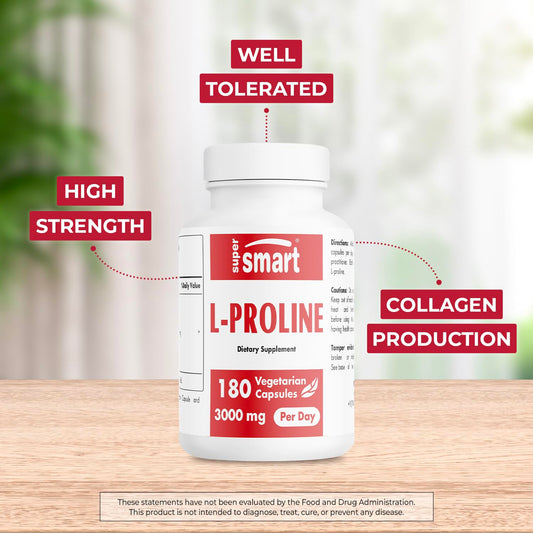Supersmart L-Proline capsules close-up showing vegetarian capsules for daily use