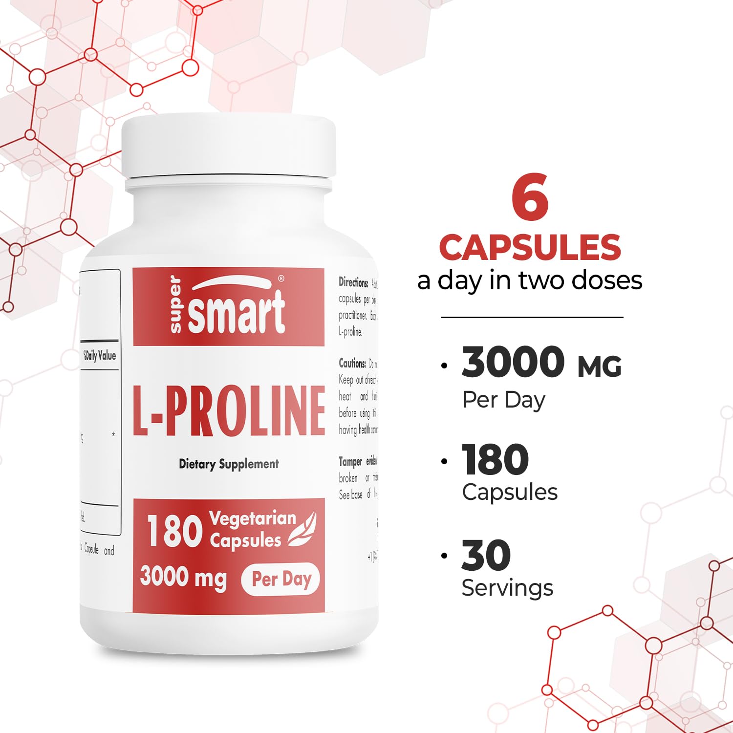 Supersmart L-Proline packaging with gluten-free and non-GMO icons