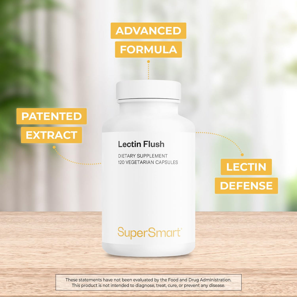Supersmart Lectin Flush bottle top view highlights easy supplement access.