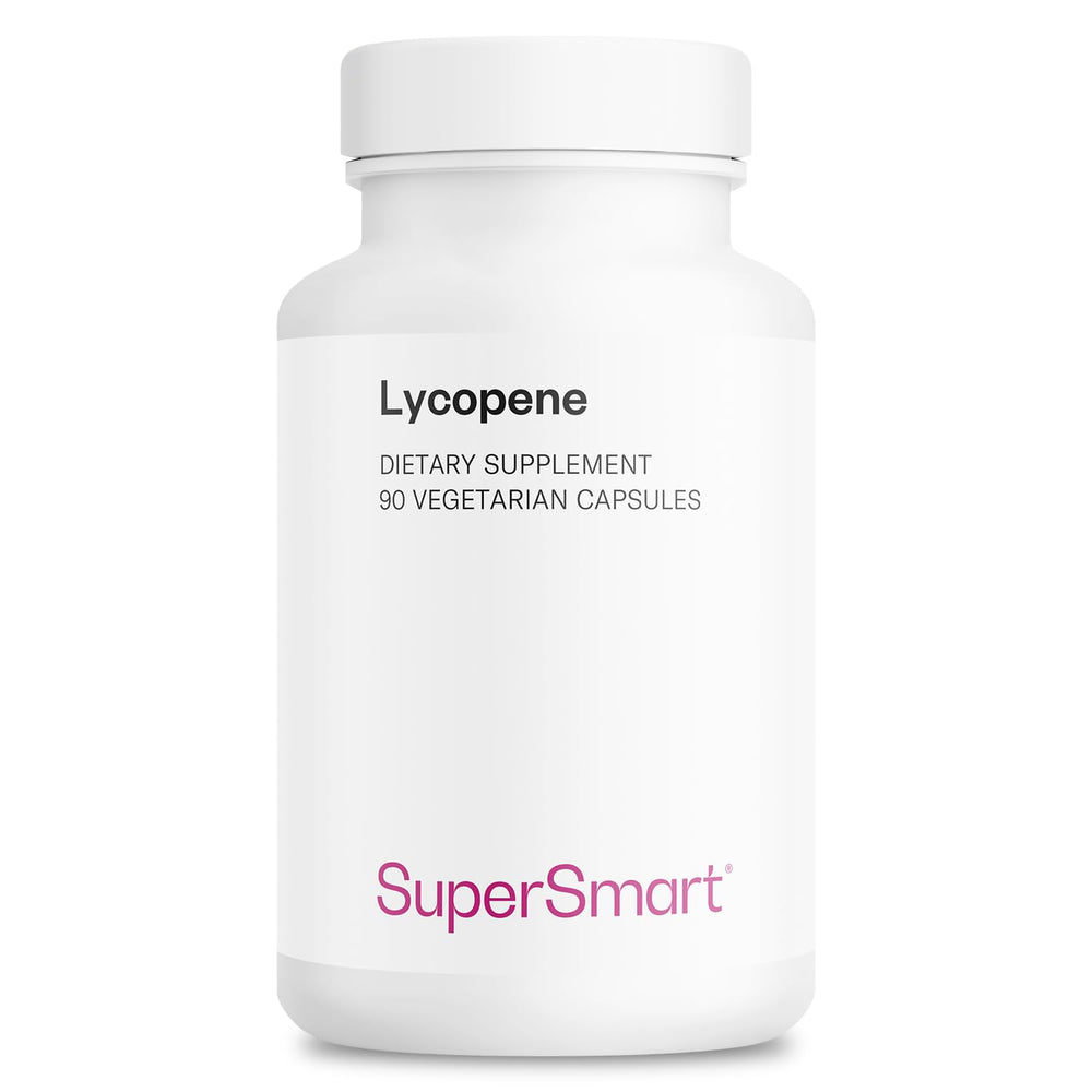 Supersmart Lycopene capsules bottle shows high-potency tomato extract for daily antioxidant support.