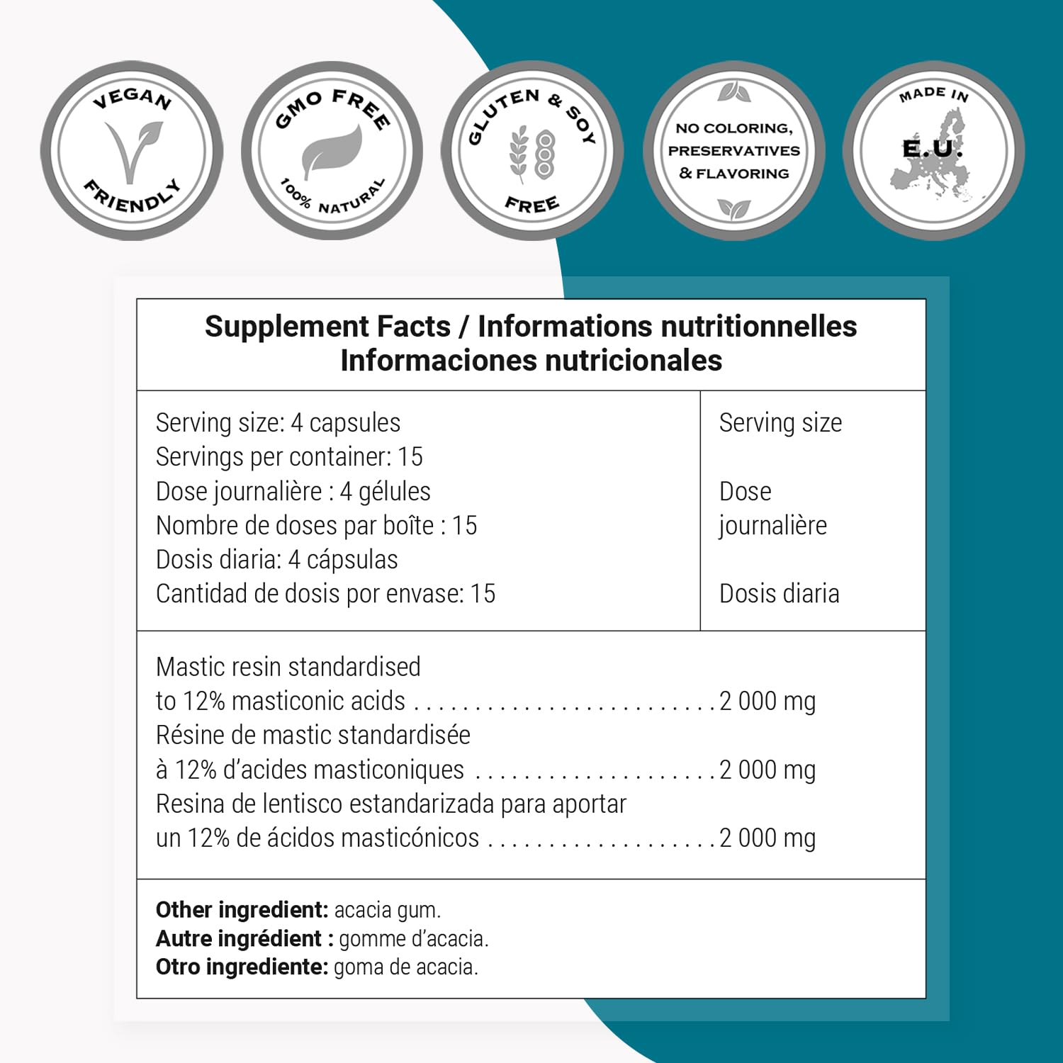 Front label of Supersmart mastic gum packaging highlighting non-GMO and gluten-free