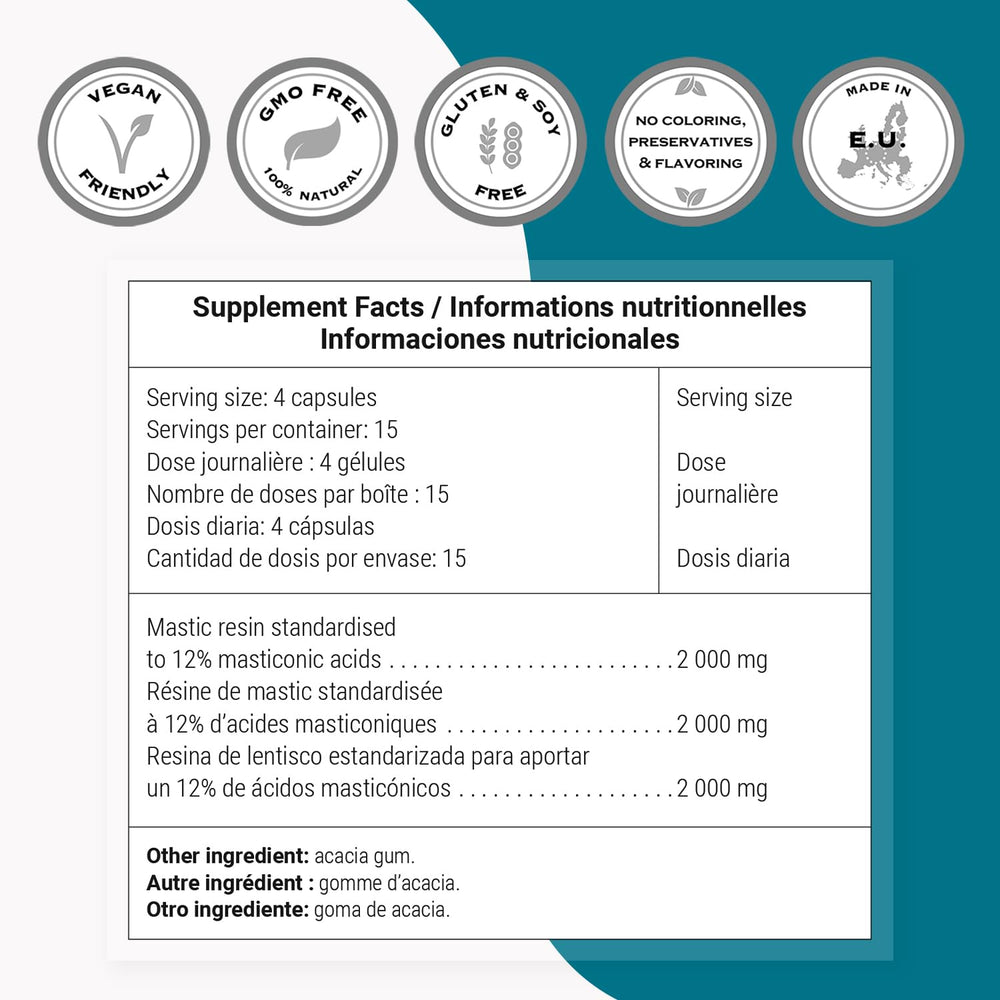 Front label of Supersmart mastic gum packaging highlighting non-GMO and gluten-free
