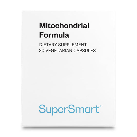 This image shows Supersmart Mitochondrial Formula bottle with PQQ highlighted for energy support.