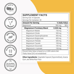 Supersmart Multi Magnesium Formula ingredients page shows eight distinct magnesium forms.