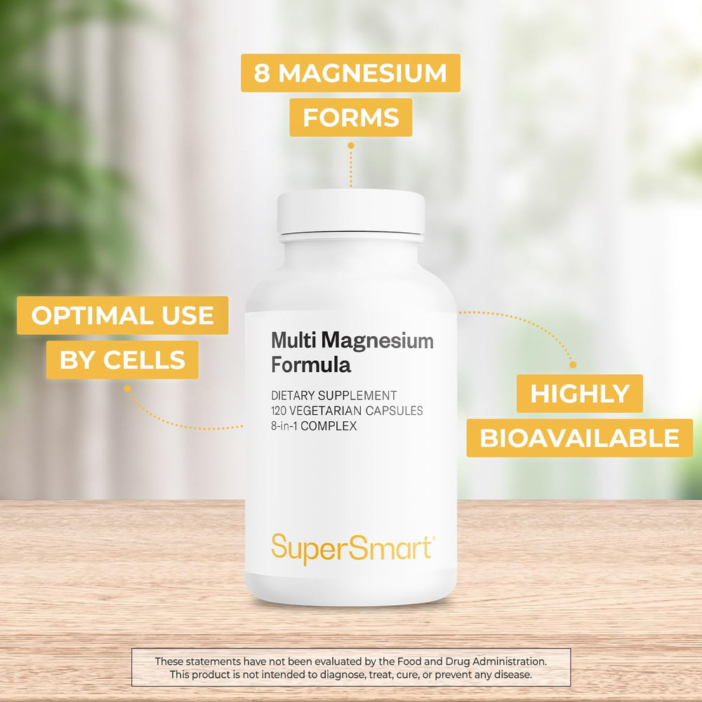 Supersmart Multi Magnesium Formula label highlights non-GMO and gluten-free quality.