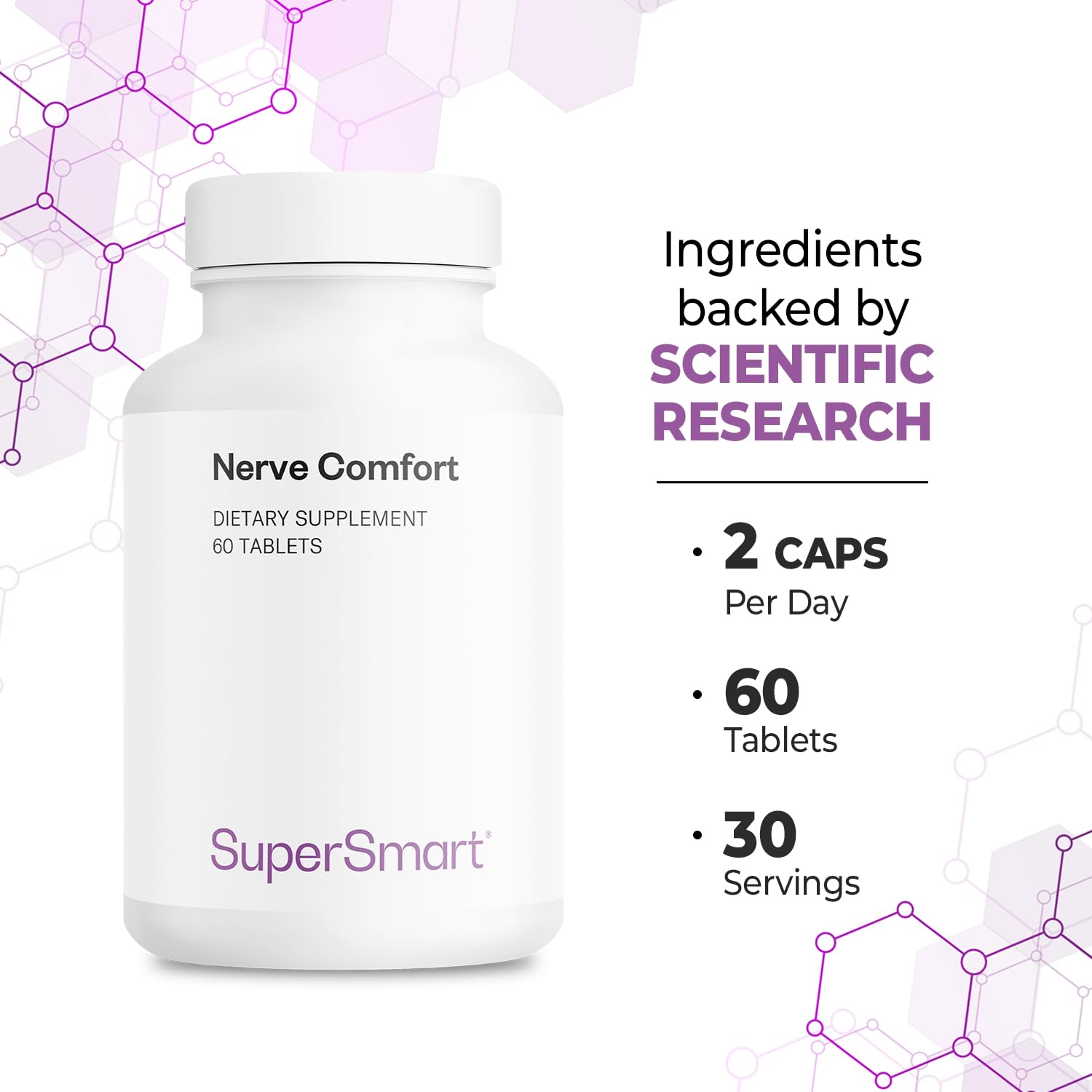 Supersmart Nerve Comfort promo pack featuring 60 vegan tablets