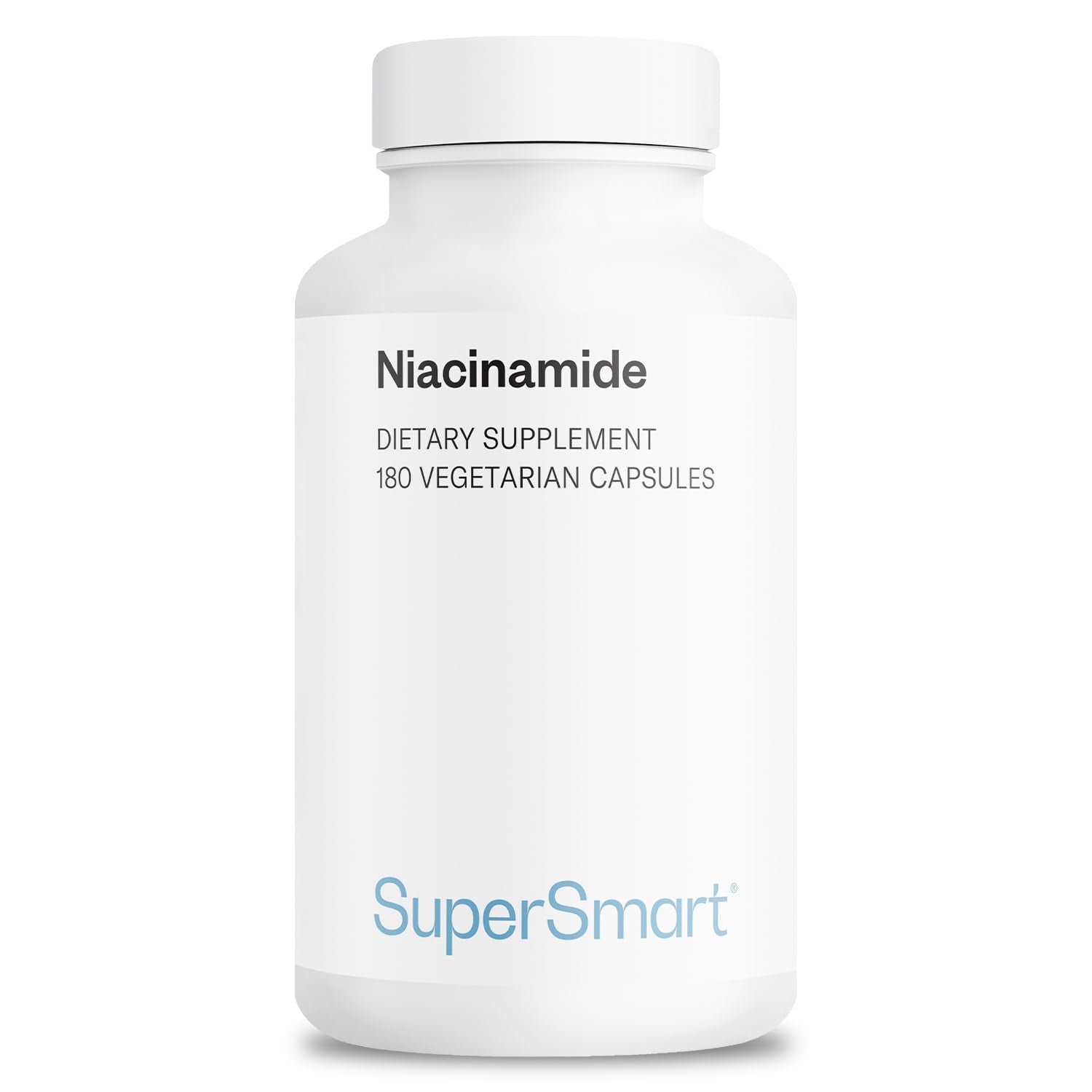 Supersmart Niacinamide bottle front displays flush free, high strength vitamin B3.