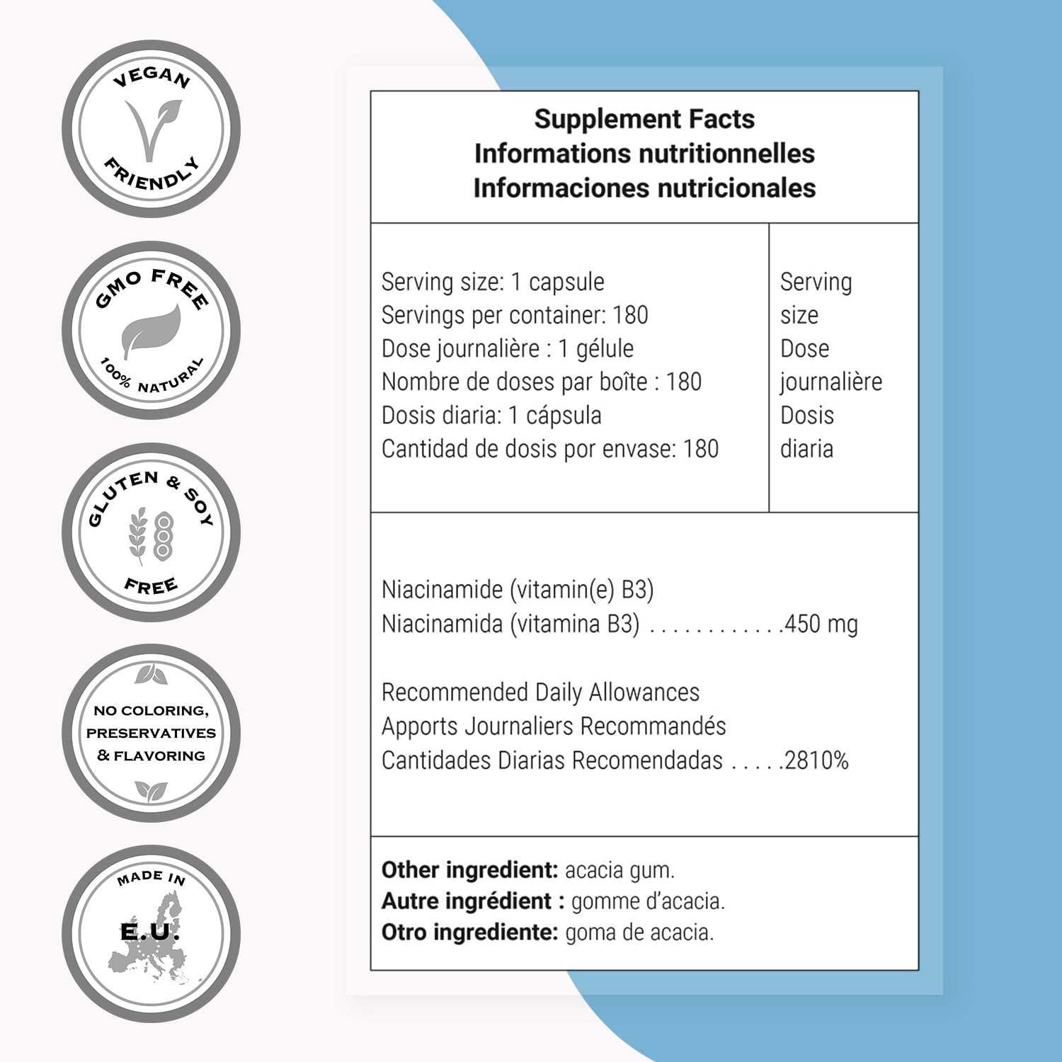 Supersmart Niacinamide label highlights non GMO, gluten free, and vegetarian friendly formula.