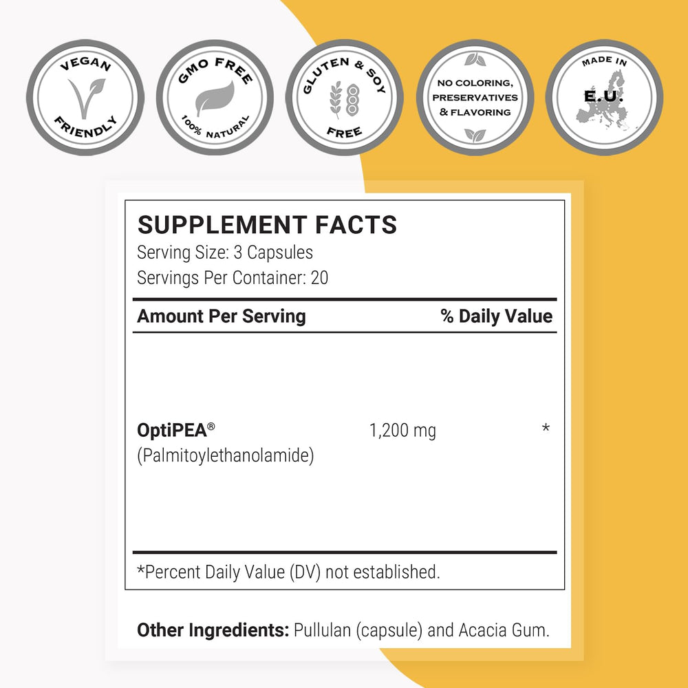 Supersmart Palmitoylethanolamide label close-up showing non-GMO gluten-free formula.